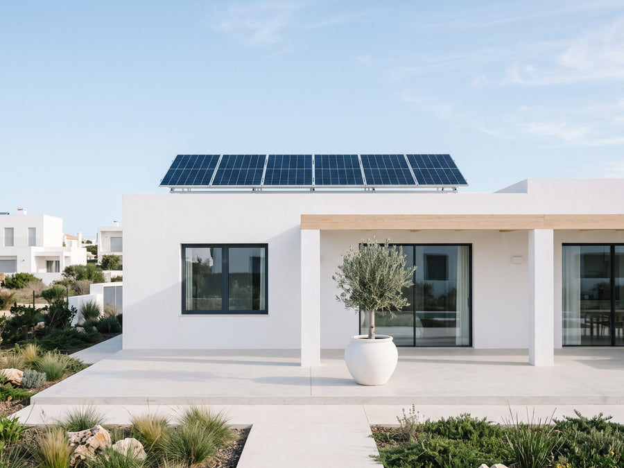 Hybrid solar panels installed on a white villa in the Algarve, Portugal