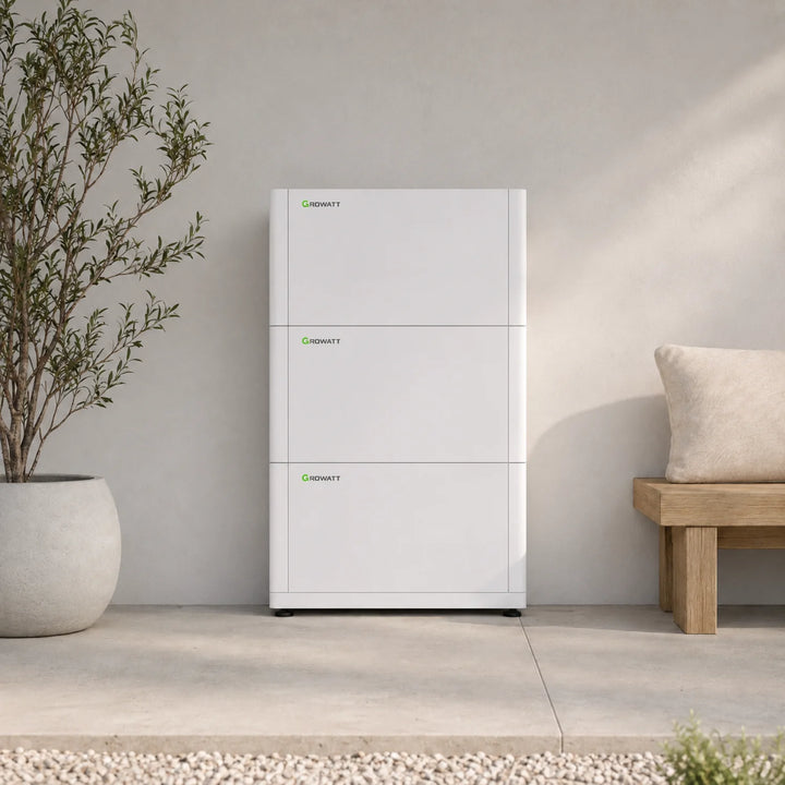 Weatherproof Growatt home battery storage mounted on a house wall in Portugal.

