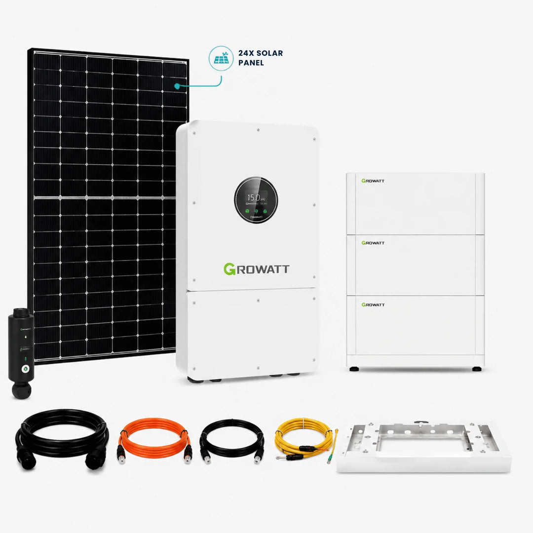 Full Solar System three-phase hybrid solar kit: 24 solar panels, 15 kW Growatt hybrid inverter, 15 kWh battery, cables and mounting base. Power Made Simple, Portugal.

