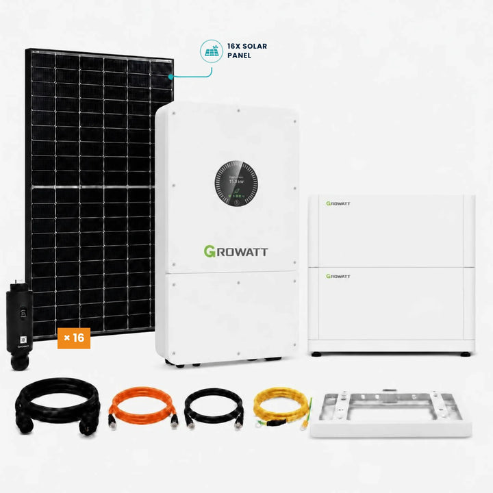 Energy Independence three-phase hybrid solar kit: 16 solar panels, 10 kW Growatt hybrid inverter, 10 kWh battery, cables and mounting base. Power Made Simple, Portugal.

