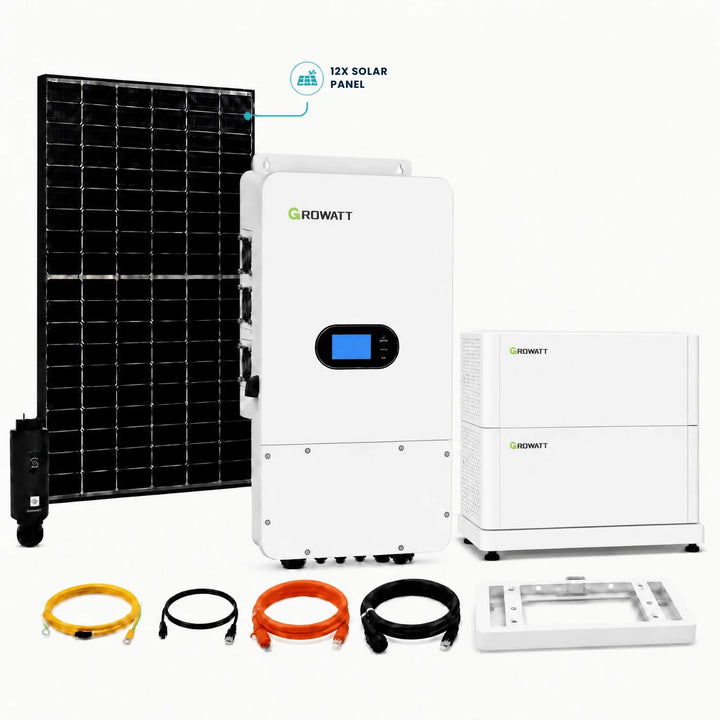 Energy Independence single-phase hybrid solar kit: 12 solar panels, 8 kW Growatt hybrid inverter, 10 kWh battery, cables and mounting base. Power Made Simple, Portugal.

