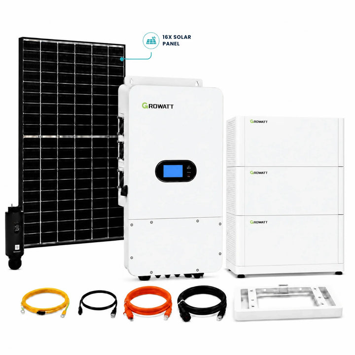 Full Solar System single-phase hybrid solar kit: 16 solar panels, 10 kW Growatt hybrid inverter, 15 kWh battery, cables and mounting base. Power Made Simple, Portugal.

