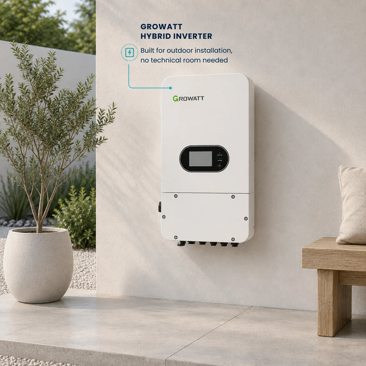 Growatt hybrid solar inverter mounted on an outdoor wall of a home in the Algarve, Portugal.

