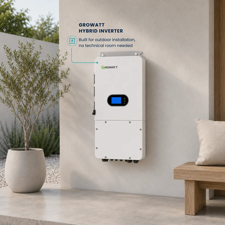 Growatt hybrid solar inverter mounted on an outdoor wall of a home in the Algarve, Portugal.

