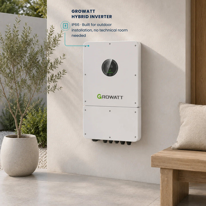Growatt hybrid solar inverter mounted on an outdoor wall of a home in the Algarve, Portugal.


