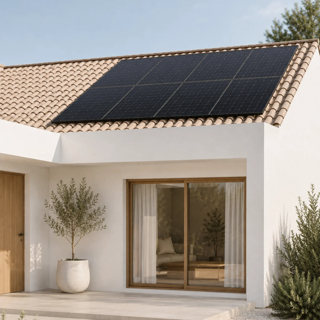 Modern home in Portugal with an all-black solar panel system on the roof.

