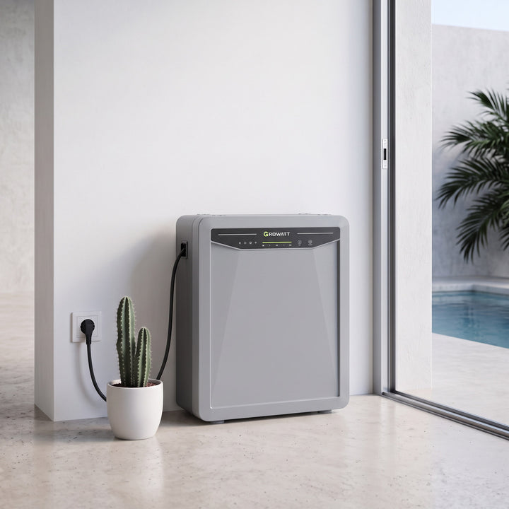 Growatt AURA 5000 home battery in an Algarve poolhouse, plugged into a wall socket