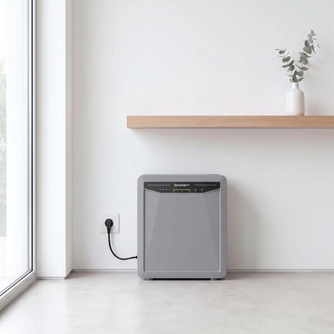 Growatt AURA 5000 home battery in a bright modern Portuguese villa interior