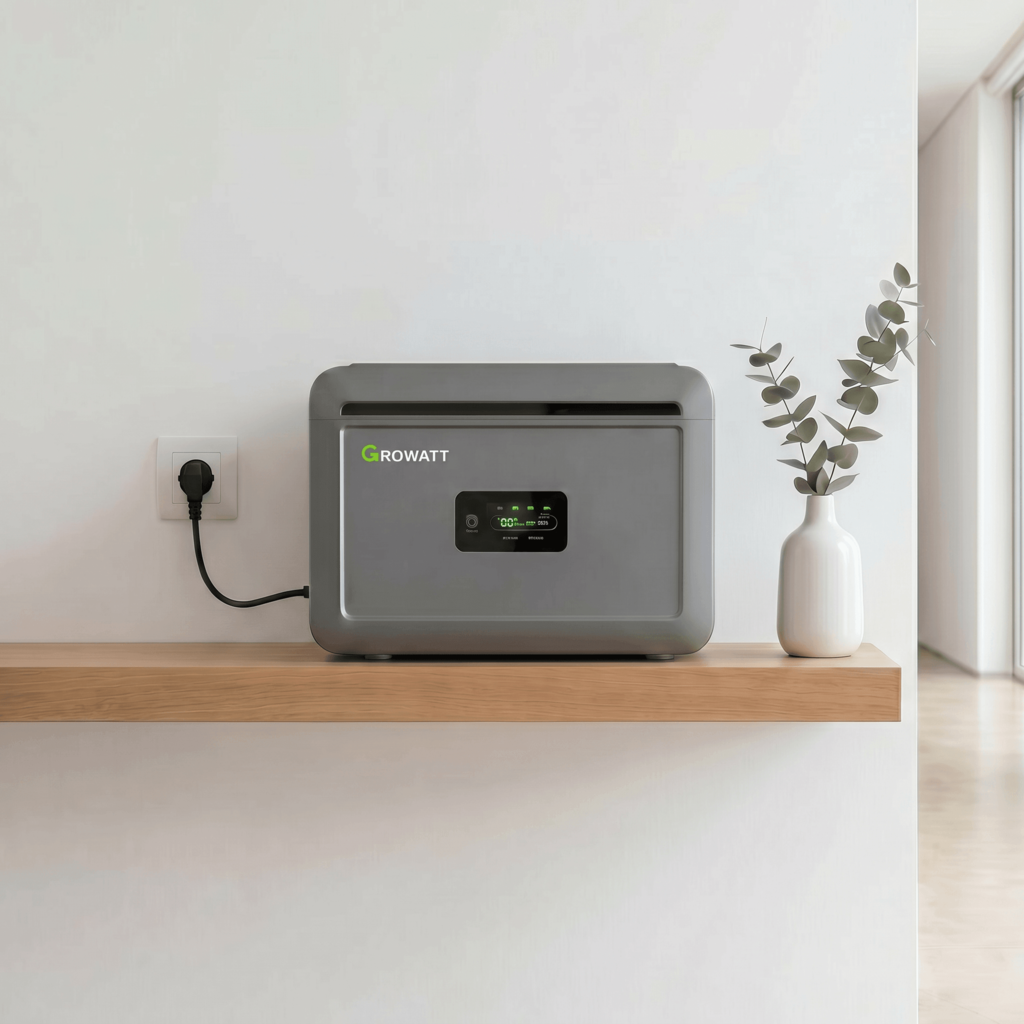  Growatt NEXA 2000 solar battery on a wooden shelf in a Portuguese home, plugged into a wall socket