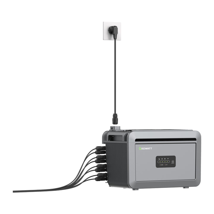 Growatt NEXA 2000 solar battery connected to a wall socket with solar panel cables