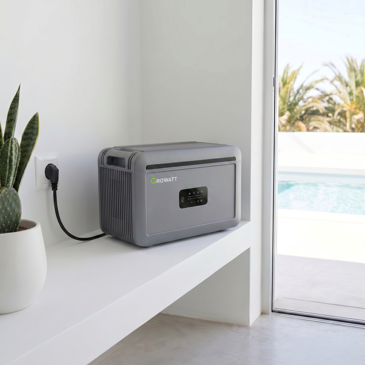 Growatt NEXA 2000 plug-and-play home battery in a modern Algarve poolhouse next to a cactus