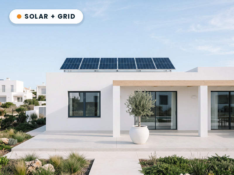 Modern Portuguese villa with rooftop solar panels for a hybrid solar system
