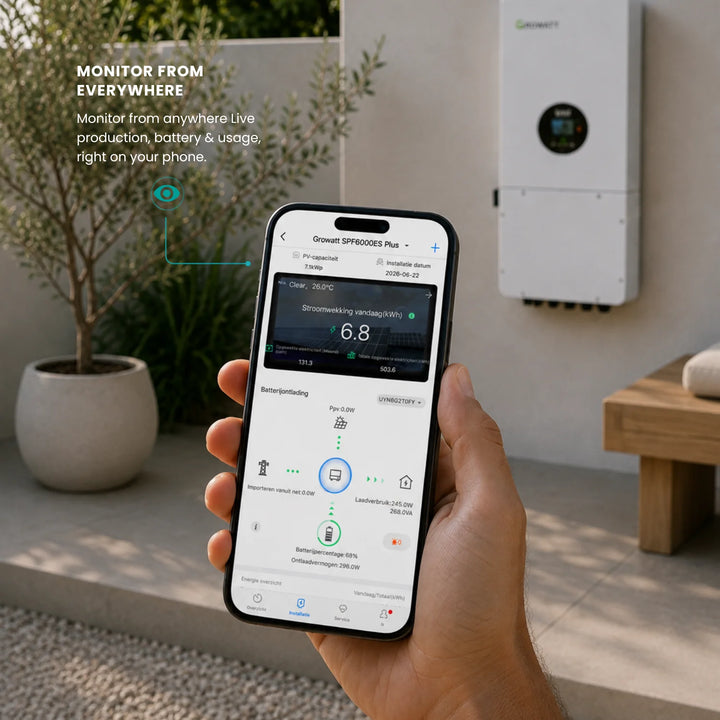 Monitoring a home solar and battery system live from a smartphone app in Portugal.

